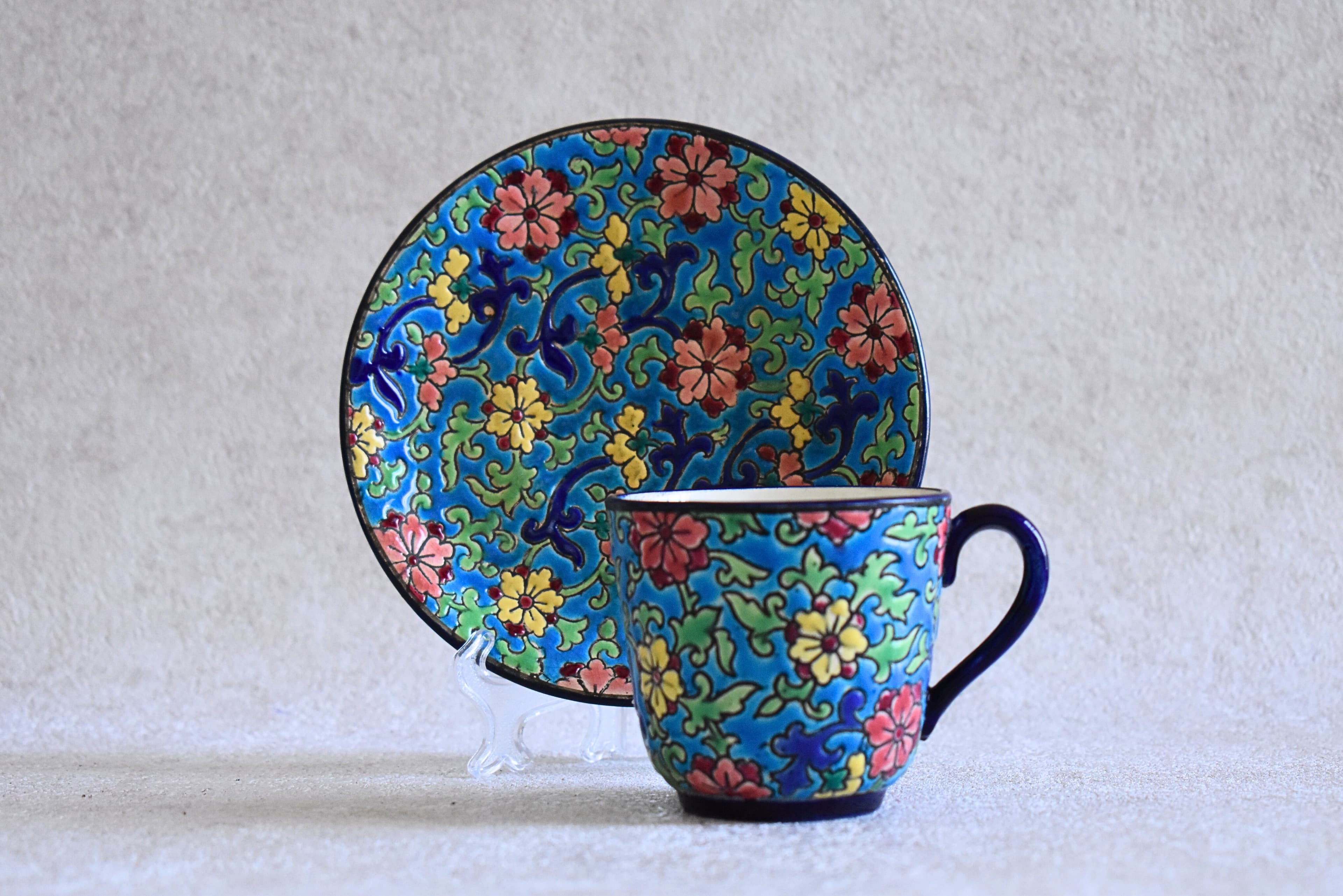 Antique Longwy Hand-Enamelled Cup & Plate Set, 1900s
